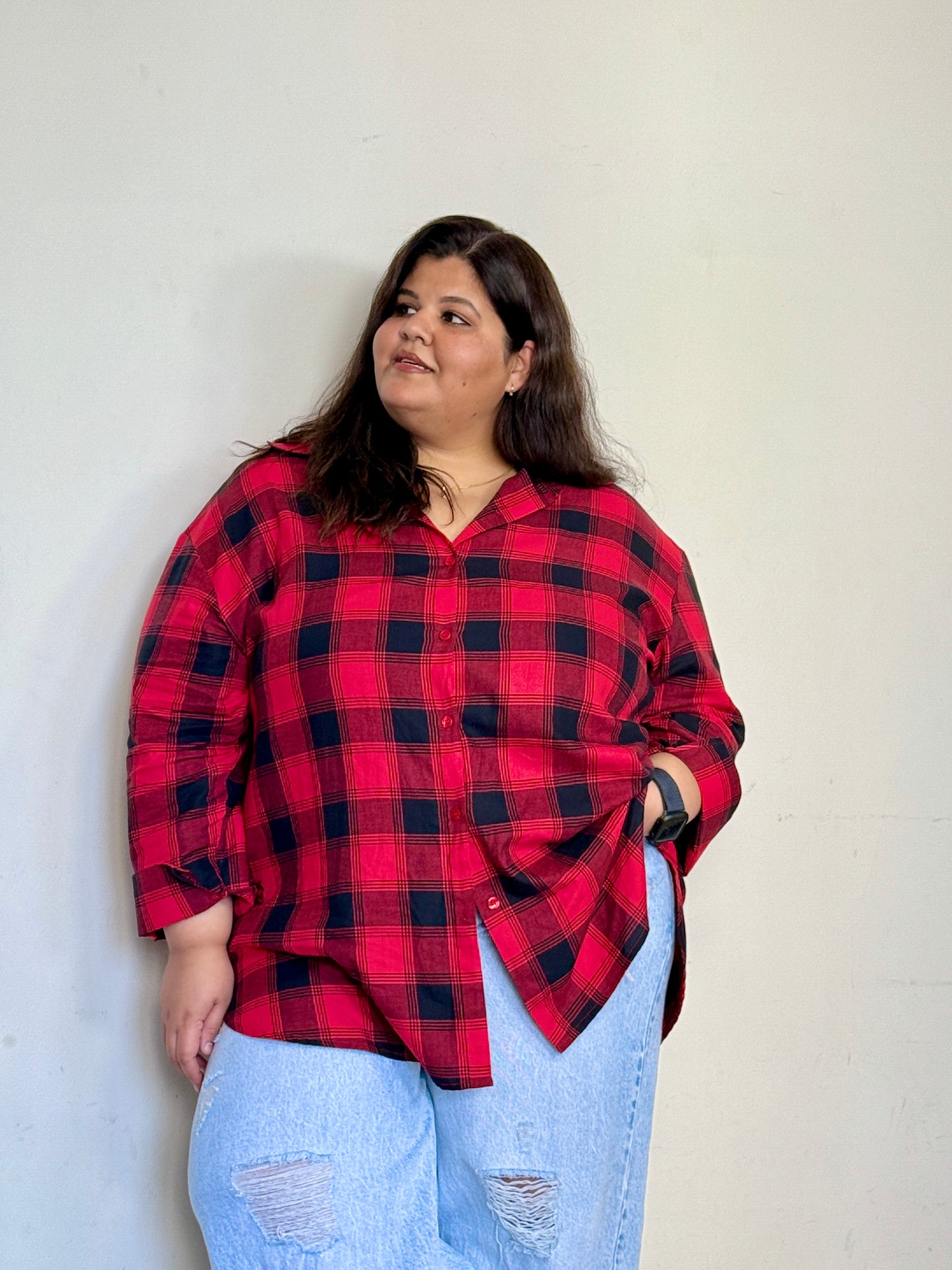 Pure Cotton Plaid shirt (Drop shoulder : Relaxed Fit)